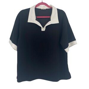 JODIFL Size Large Black Collar Trim Polo Short Sleeve V-Neck Rayon Blend
